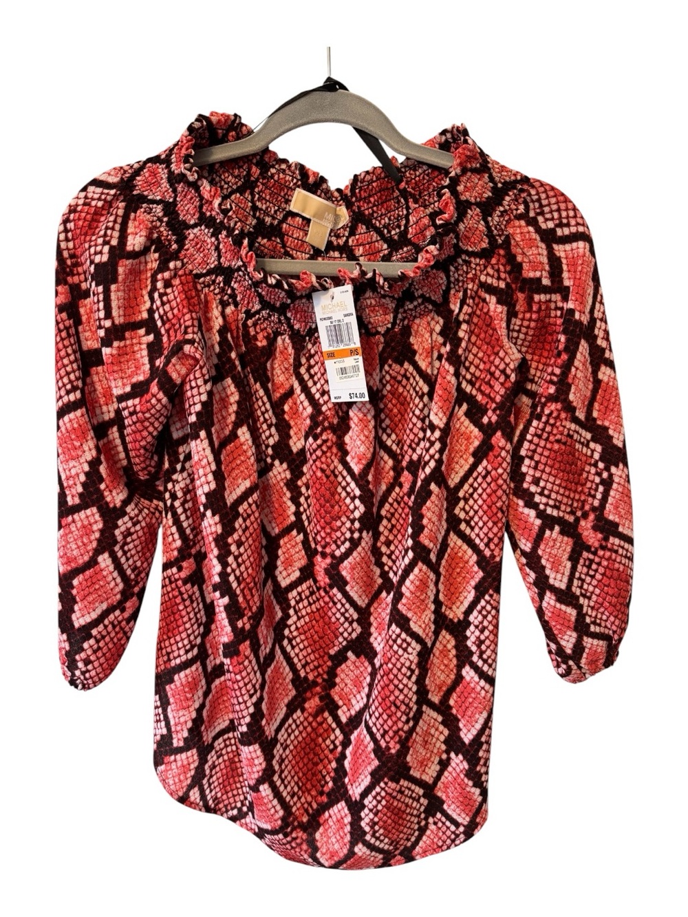 Michael Kors Coral Pink Salmon Snake Print Smock Blouse On/Off Shoulder Size P/S